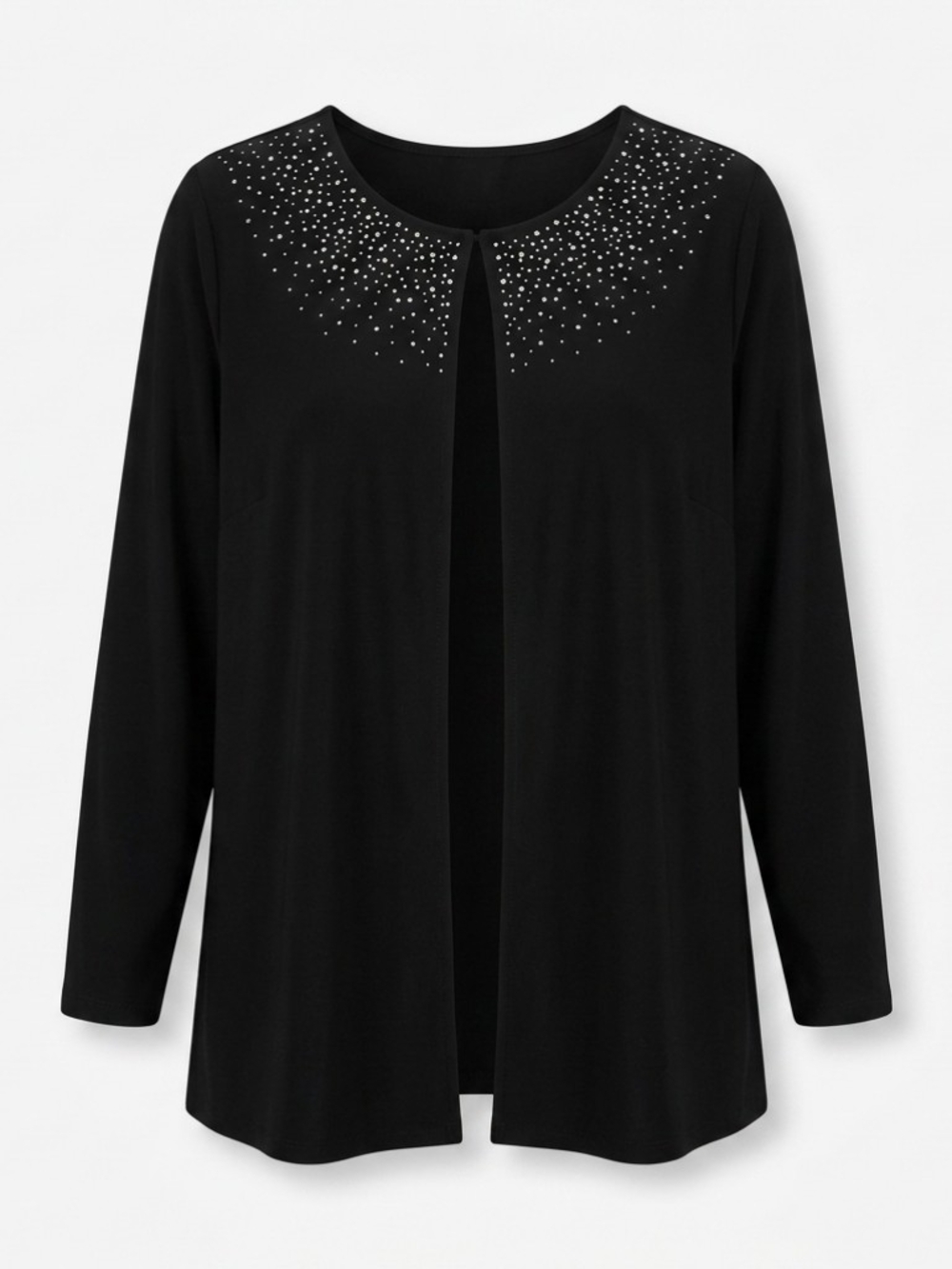 Avenue Black Open-Front Cardigan with Silver Rhinestone Neckline